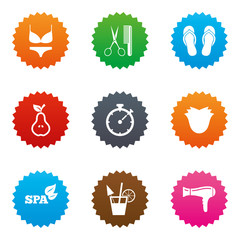 Hairdresser, spa icons. Diet cocktail sign.