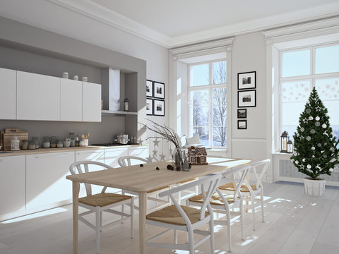 nordic kitchen with christmas decoration. 3d rendering
