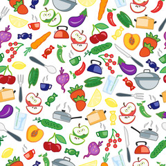 Seamless pattern with simple icons on a theme kitchen accessories and food , color icon on a light background