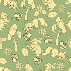 Seamless texture with fox, hare, mushrooms, trees, Endless  pattern. vector