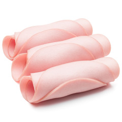 cooked boiled ham sausage or rolled bologna slices isolated on w