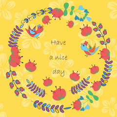 Floral circle with doodles flowers, happy birthday card design. Round shape emblem made of flowers. Doodles element. Valentines day card, herbs , birds  and flowers doodle.