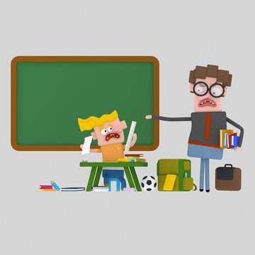 3d illustration. An angry and young teacher correcting student