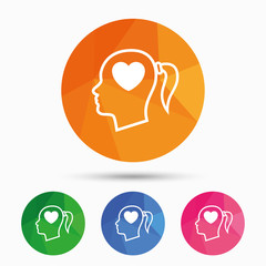 Head with heart sign icon. Female woman head