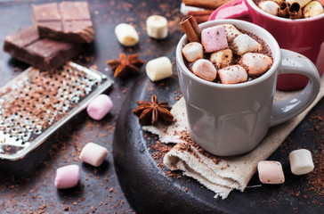 Hot chocolate with marshmallows and spices on grunge dark table