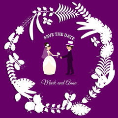 card for wedding invitations or wedding, save the date, with the figures of the bride and groom, vector, pattern, vintage, elegant, refined