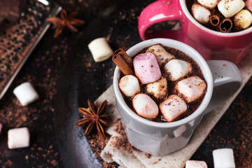 Hot chocolate with marshmallows and spices on grunge dark table