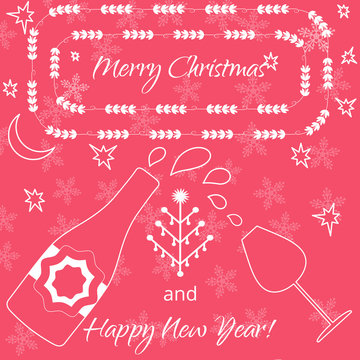 Merry Christmas and a Happy New Year . Label for Holiday . for Invitations and Greeting Cards.  Poster, Banner, Placard or Card Template. Winter Illustration with Snowflakes