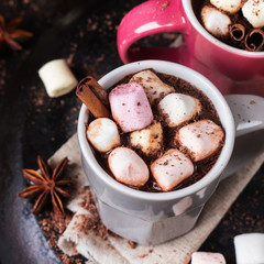 Hot chocolate with marshmallows and spices on grunge dark table