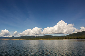 lake water and mountain with blue sky