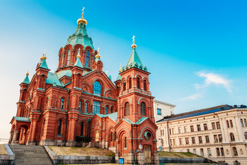 Fototapeta na wymiar Helsinki Finland. Uspenski Orthodox Cathedral Upon Hillside, Chu