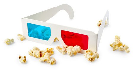 Popcorn and 3d glasses isolated on white background