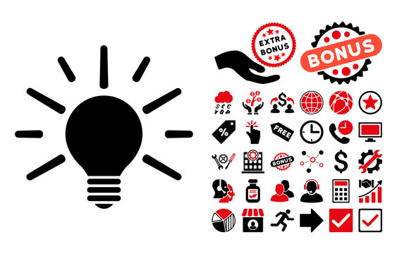 Light Bulb pictograph with bonus clip art. Vector illustration style is flat iconic bicolor symbols, intensive red and black colors, white background.