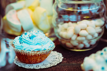 Dessert Sweet Tasty Cupcake In Candy Bar On Table. Delicious Sweet Buffet.