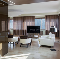 Home modern theater interior with big windows