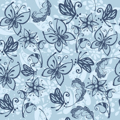 Fototapeta na wymiar Vector flower pattern. Seamless texture, detailed flowers and butterflies illustrations. Floral pattern in doodle style, spring floral background.