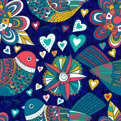 Vector flower pattern. Seamless texture, detailed birds, flowers, leaves illustrations. Floral pattern in doodle style, spring floral background.