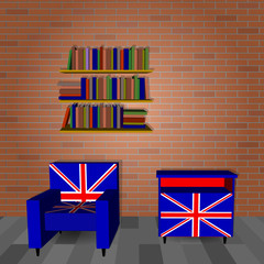 Living Room Interior design  with classical  english  furniture. Armchair and cupboard decorated with the flag of Great Britain. 3D Vector illustration.