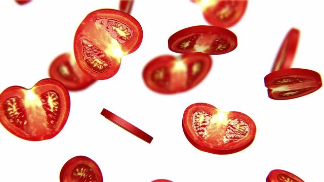 Sections of tomato falling on white background, alpha channel, CG