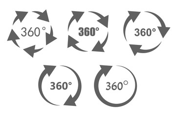 360 degree overview arrow icon set. Circular panorama photography icons. Used for virtual visit of popular place.