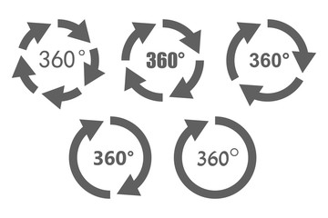 360 degree overview arrow icon set. Circular panorama photography icons. Used for virtual visit of popular place.