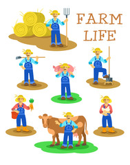 Farmers men and women working on farm. Farming characters standing in different poses. Vector flat illustration. Agrarian man figures with pitchfork, shovel, hoe, cow, pig. Woman with carrot and hen