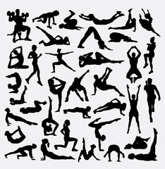 Gymnastic, training, exercise sport bundle silhouette. Male and female stretching activity. Good use for symbol, logo, web icon, mascot, sign, design, or any design you want.