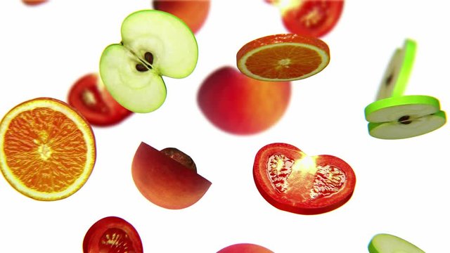 Sections of fruits falling on white background, alpha channel, CG
