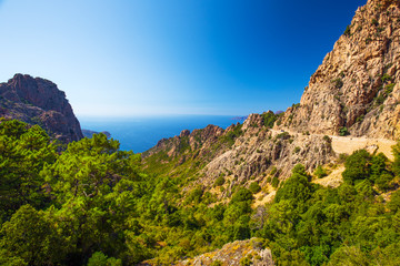 Fototapeta na wymiar Calanques de Piana with the D81 coastline road on the west coast of Corsica, France
