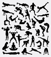 Sport activity bundle silhouette. Male and female training, exercise, gymnastic, aerobic activity. Good use for symbol, logo, web icon, mascot, sign, sticker design or any design you want.