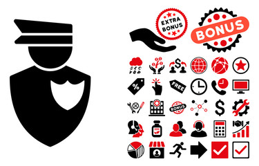 Policeman icon with bonus images. Vector illustration style is flat iconic bicolor symbols, intensive red and black colors, white background.