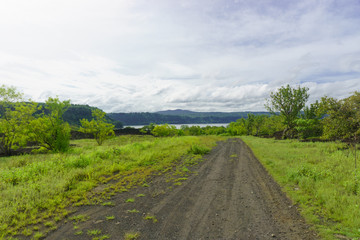 Fototapeta na wymiar masaya volcano natural park road with views at masaya lagoon