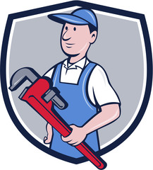 Handyman Pipe Wrench Crest Cartoon