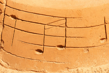 Drawn musical notes on a sandy beach