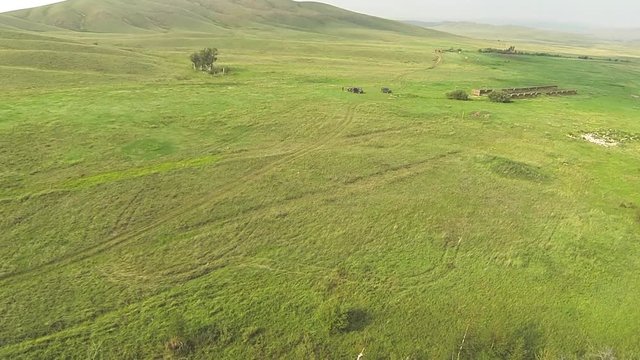 Aerial view of in the steppe with road of Kazakhstan