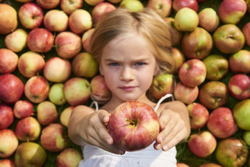 Portrait of child blond little cute girl lying on the grass showing apple with apples background