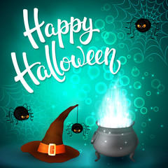 Halloween greeting card with witch cauldron, hat, angry spiders, net and brush lettering on cyan background with bubbles. Decoration for poster, banner, flyer design. Vector illustration.