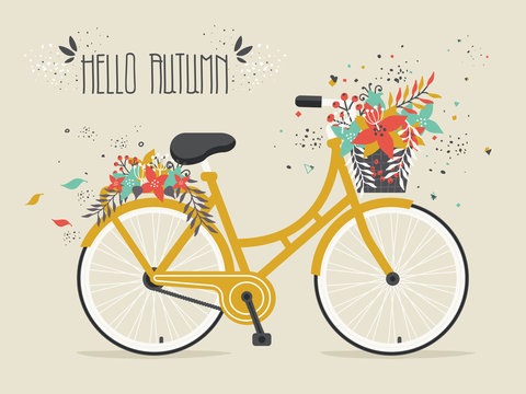 Hello Autumn. Golden  Bicycle with Decorative  Hand Drawn Flowers and Leaves. 