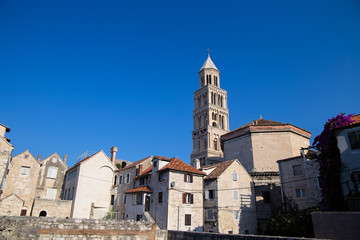 Fototapeta na wymiar Cathedral of Saint Domnius and Diocletian Palace in Split, Dalmatia, Croatia, historic Peristil UNESCO world heritage site.