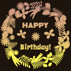 Happy Birthday Label for Holiday . for Invitations and Greeting Cards. Happy Birthday Poster, Banner, Placard or Card Template with elements of tropical plants. Vector