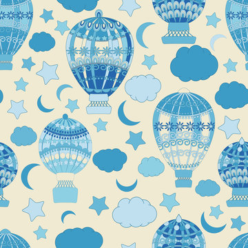Vector pattern. abstract, Smooth lines, many, Abstract Background . seamless pattern,  Flat Style, vector,  balloon, aerostat, air balloon, gasbag, clouds, stars, sky, moon,
