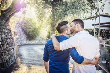 Rear view of stylish handsome men walking on sidewalk and kissing