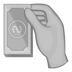 Hand holding a wad of money icon in black monochrome style isolated on white background. Finance symbol vector illustration