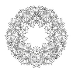 Circle pattern with bellflowers. Round kaleidoscope of flowers and floral elements.