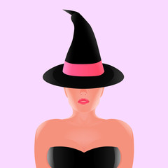 Beautiful witch in black hat with pink ribbon,