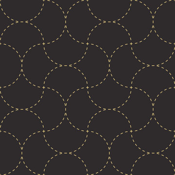 Seamless Black And Gold Vintage Classic Traditional Japanese Stitched Sashiko Textile Feather Pattern Vector