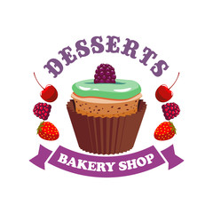 Muffin cake with berries. Bakery shop emblem