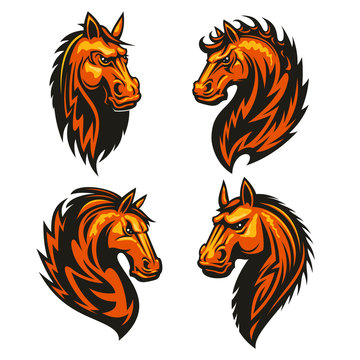 Horse head in fire shape heraldic icons