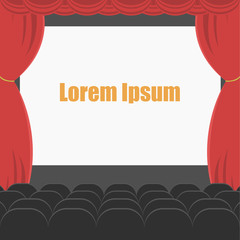 cinema or theater hall, black chairs, red curtain, wide screen vector illustration