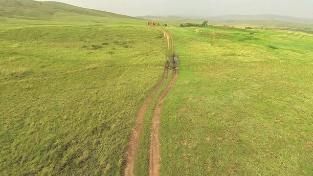 Aerial view of in the steppe with road of Kazakhstan